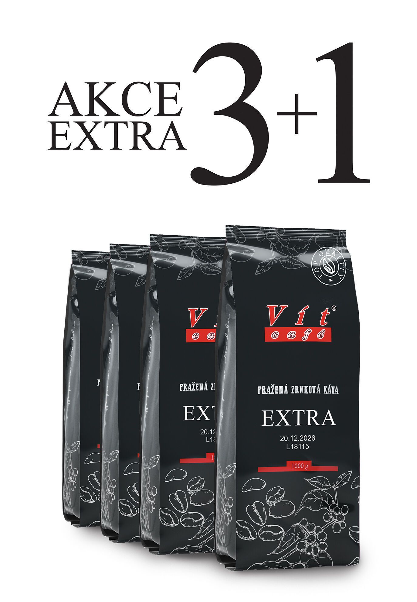Akce Vítcafé Extra 3 + 1: čtyři kilová balení zrnkové kávy